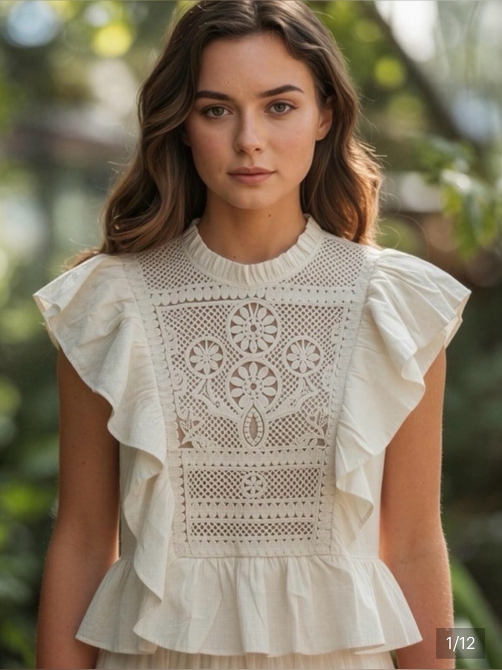 Joie Embroidered Cream Ruffle Boho Top M cotton